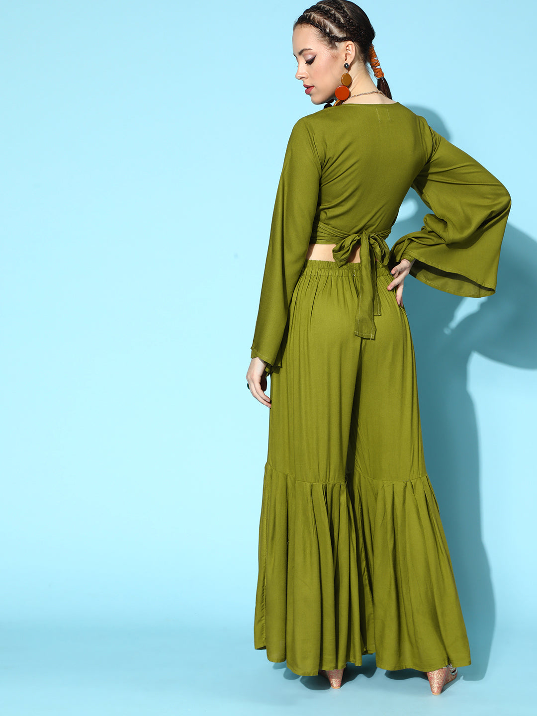 Solid Olive Flared Sleeve Top With Olive Sharara Set