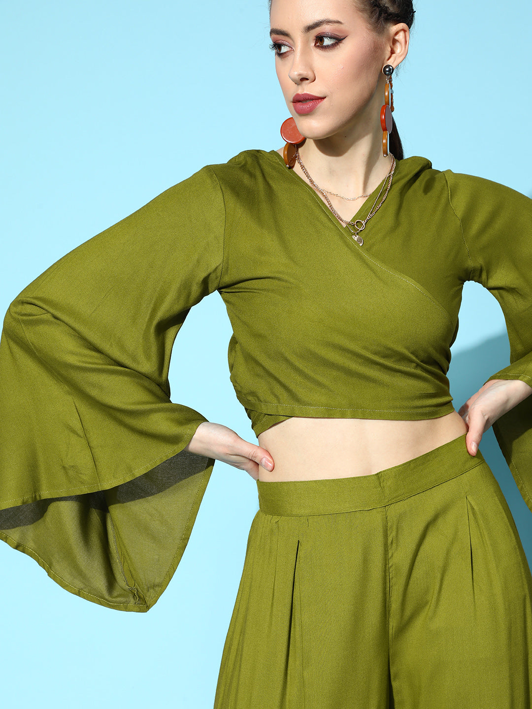Solid Olive Flared Sleeve Top With Olive Sharara Set