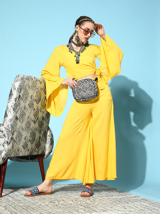 Solid Yellow Flared Sleeve Top With Yellow Palazzo Set