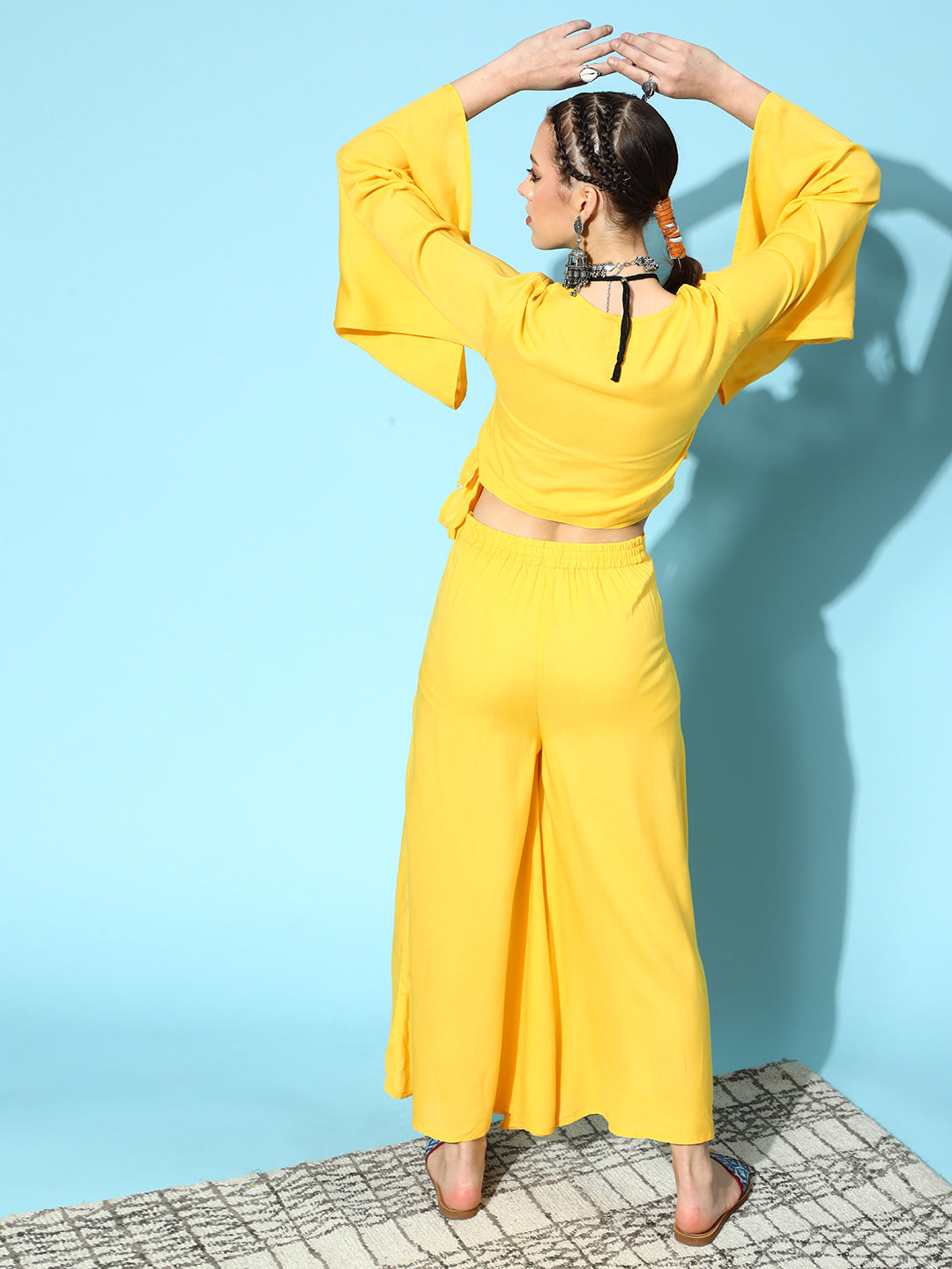 Solid Yellow Flared Sleeve Top With Yellow Palazzo Set