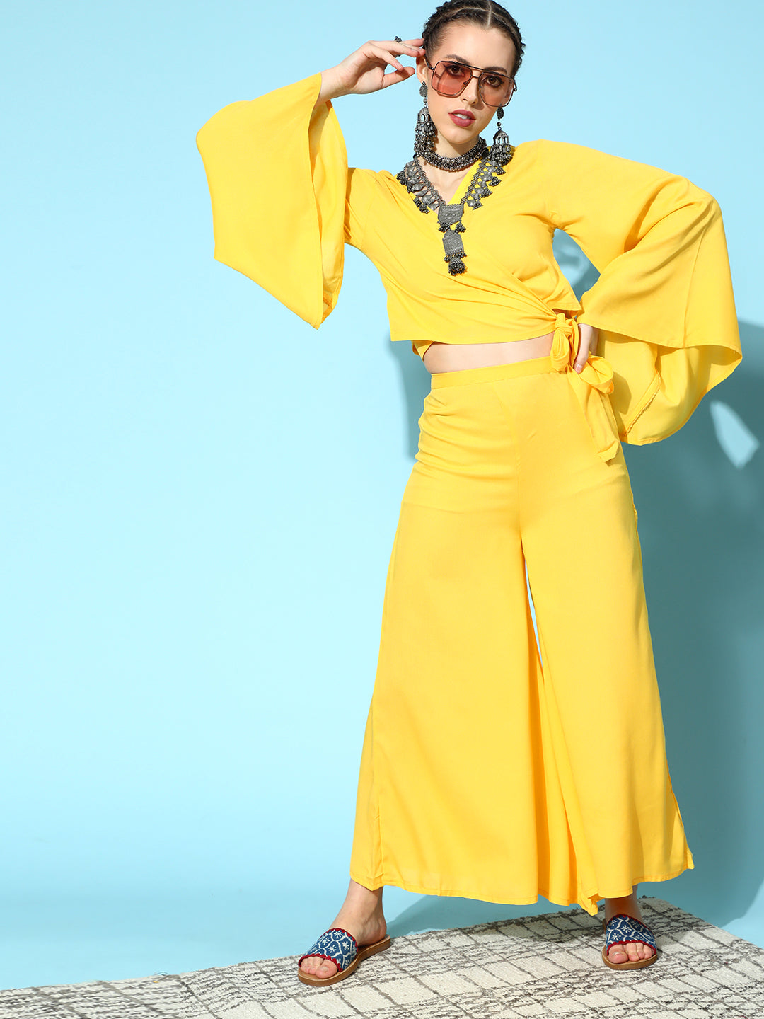 Solid Yellow Flared Sleeve Top With Yellow Palazzo Set