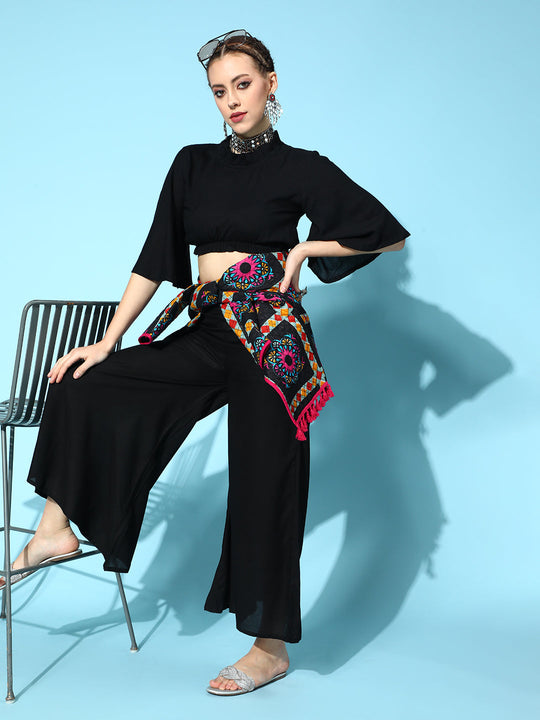 Solid Black High Neck Top With Black Palazzo Set