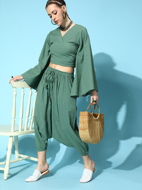 Green Kantha Flared Sleeve Top With Green Harem Set