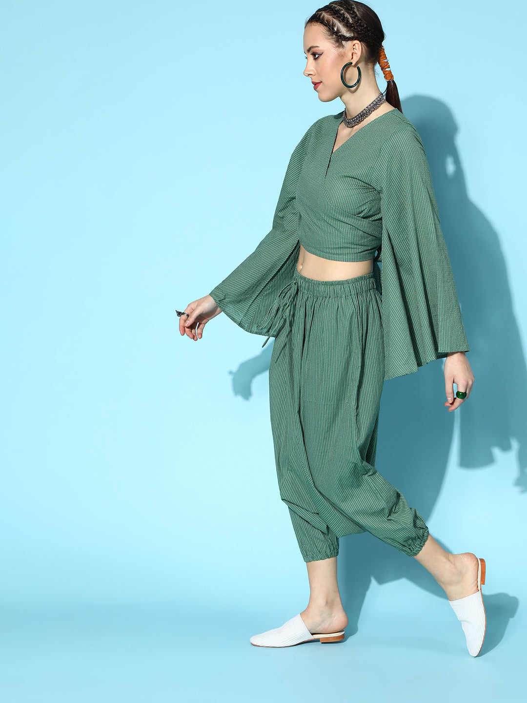 Green Kantha Flared Sleeve Top With Green Harem Set