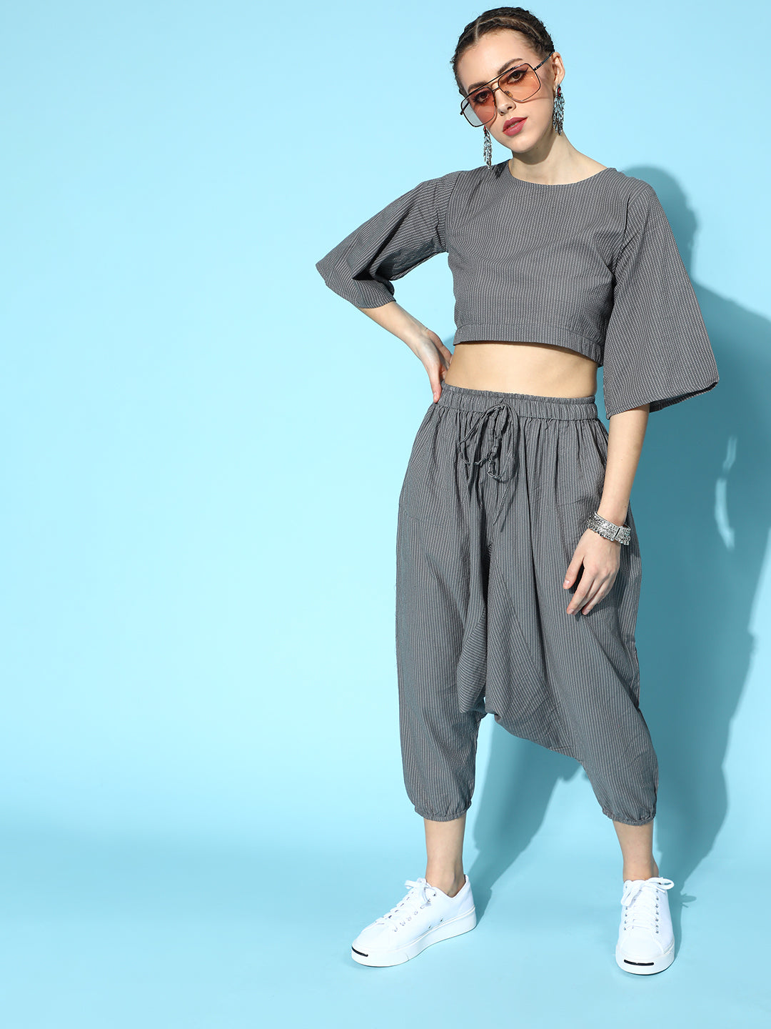 Grey Kantha Flared Sleeve Top With Grey Harem Set