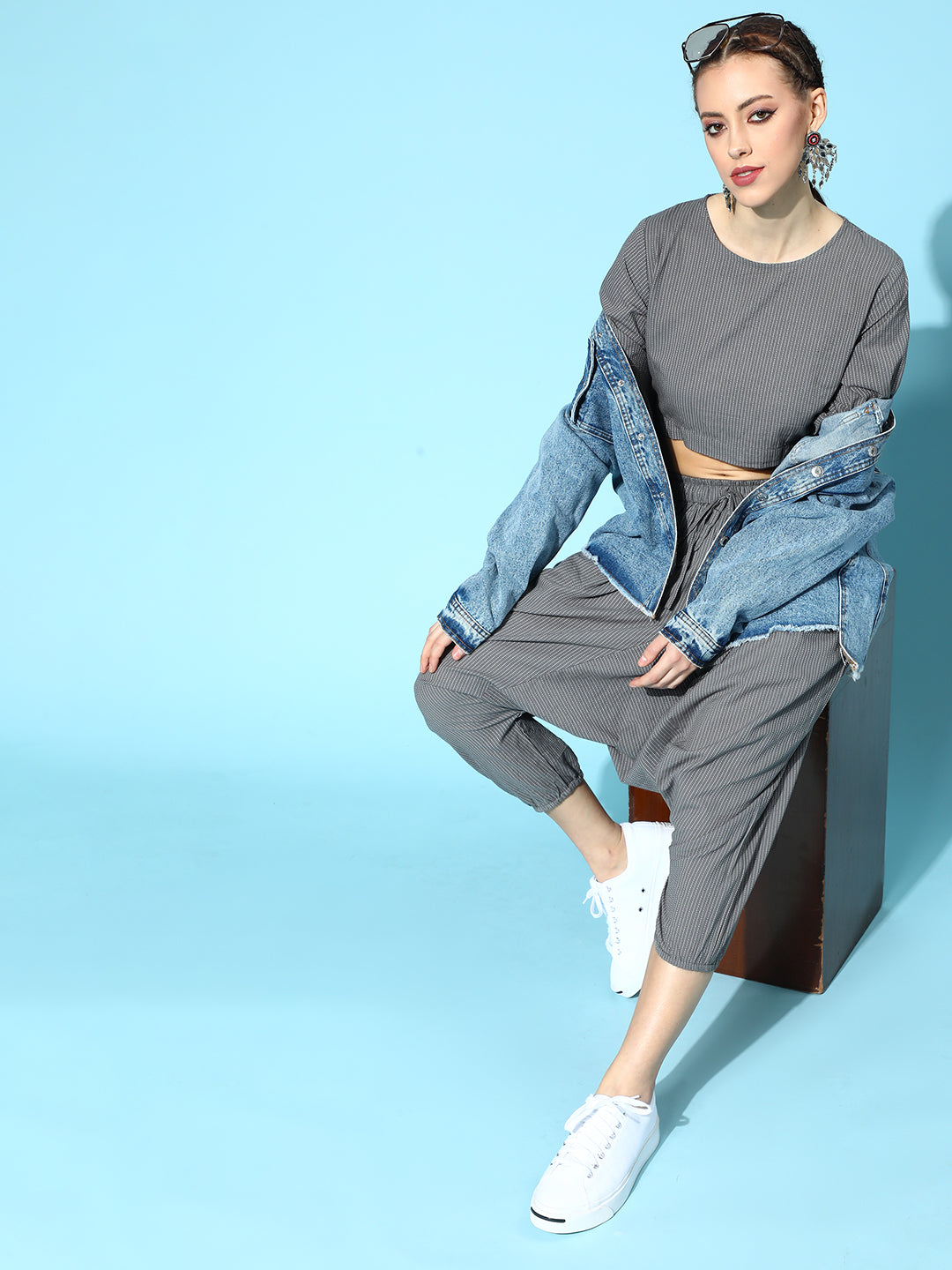 Grey Kantha Flared Sleeve Top With Grey Harem Set