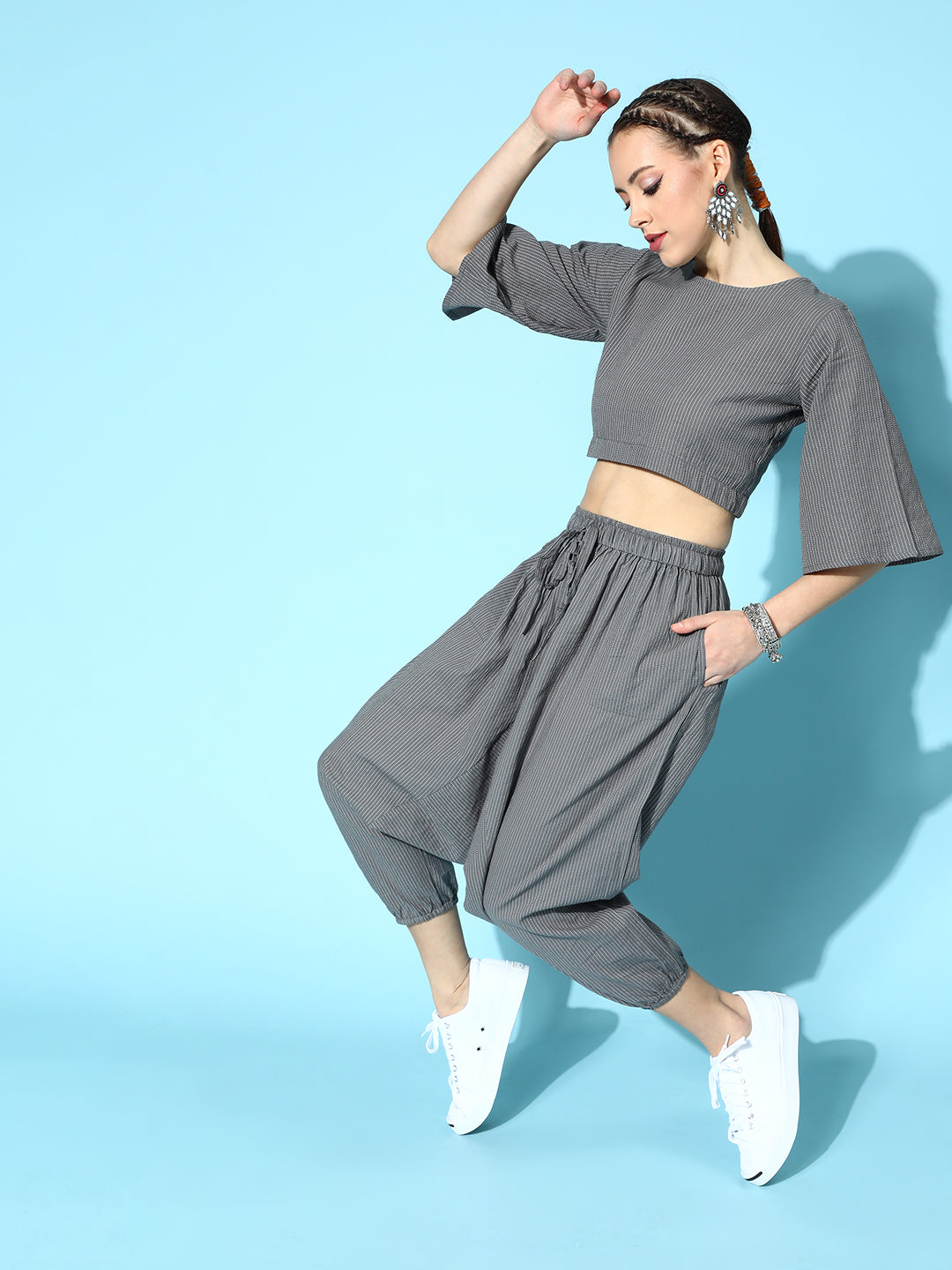 Grey Kantha Flared Sleeve Top With Grey Harem Set