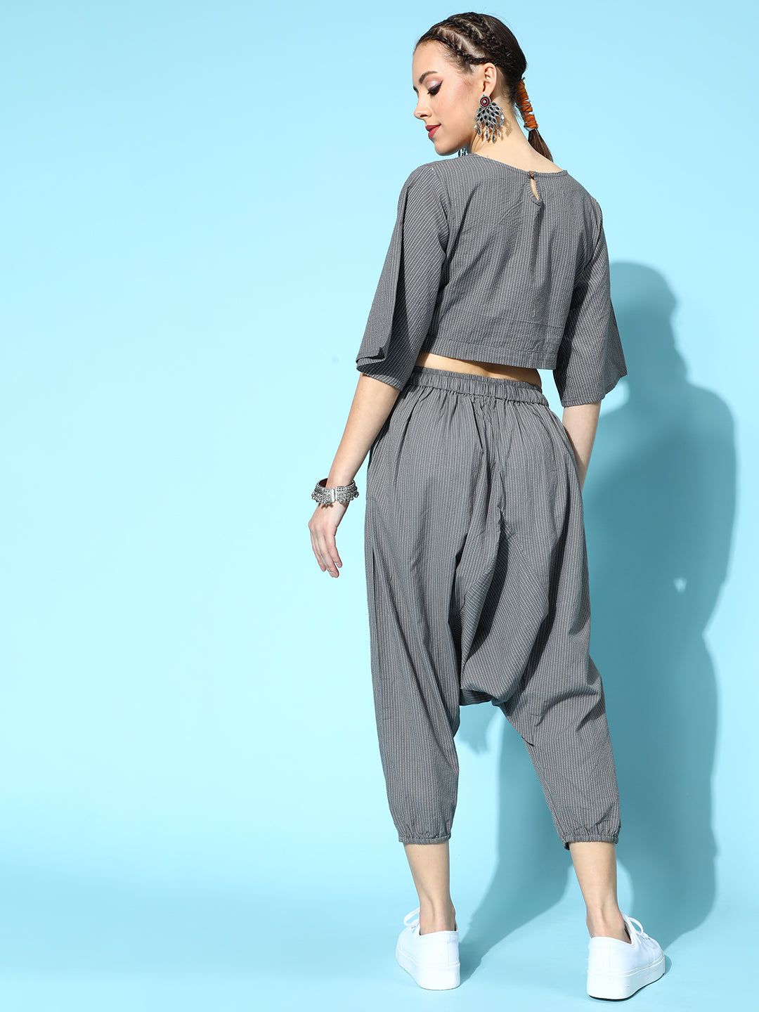 Grey Kantha Flared Sleeve Top With Grey Harem Set