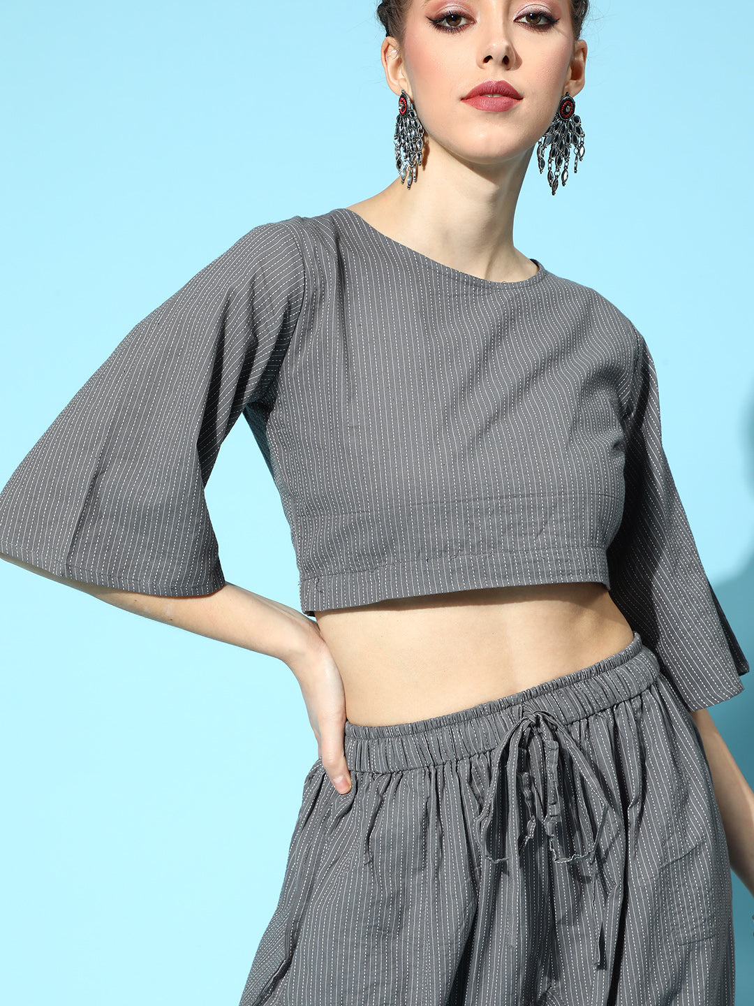 Grey Kantha Flared Sleeve Top With Grey Harem Set
