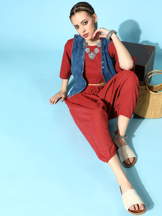 Maroon Kantha Flared Sleeve Top With Maroon Harem Set