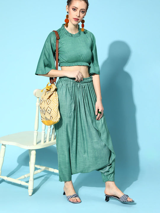 Teal Blue High Neck Top With Teal Harem Set
