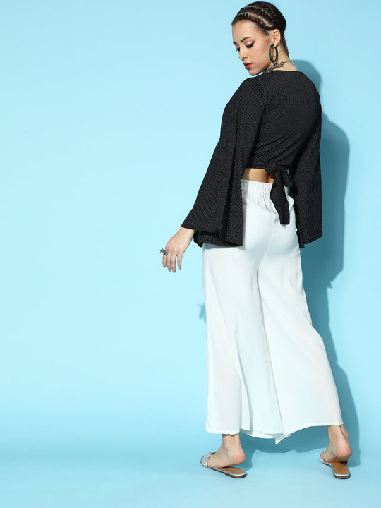 Black Kantha Flared Sleeve Top With White Palazzo Set