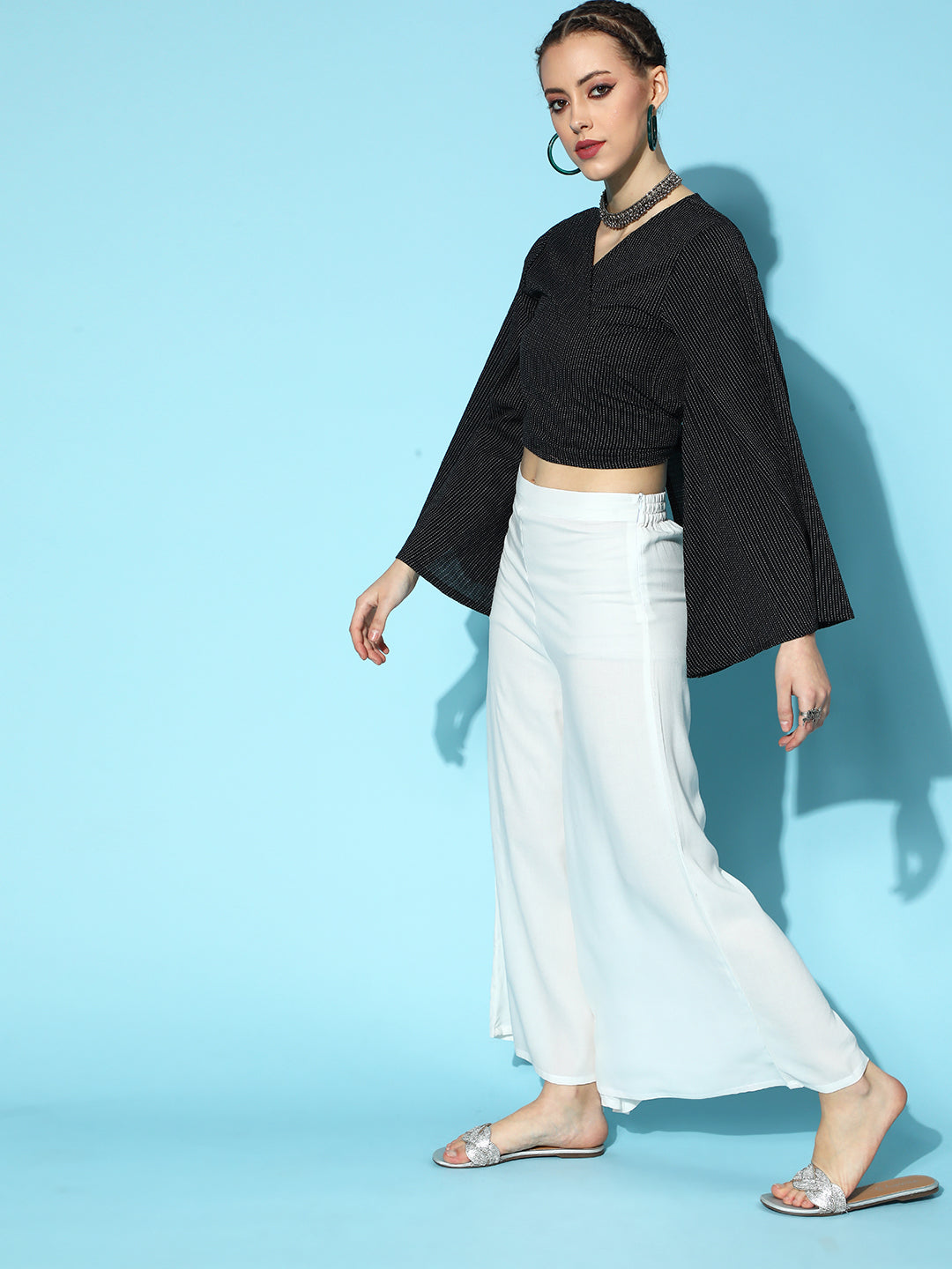 Black Kantha Flared Sleeve Top With White Palazzo Set