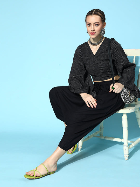 Black Kantha Flared Sleeve Top With Black Harem Set