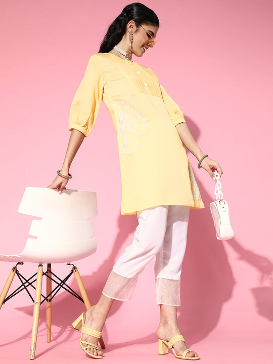 Yellow Flower Work Kurta With Cream Pants