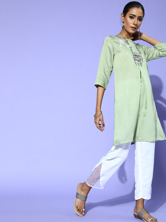 Green Flower Work Kurta With Cream Pants