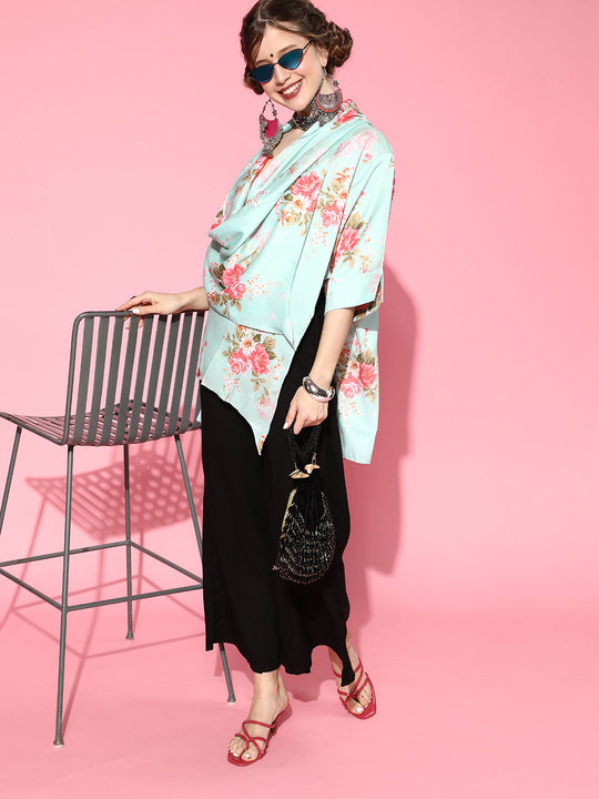 Green Floral Cowl Angrakha With Palazzo Coord Set