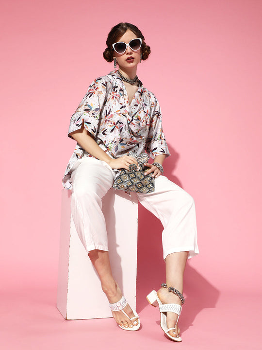 Grey Abstract Print Cowl Angrakha With Cream Pant Coord Set