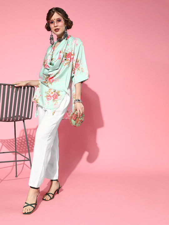 Green Floral Cowl Angrakha With Cream Pant Coord Set