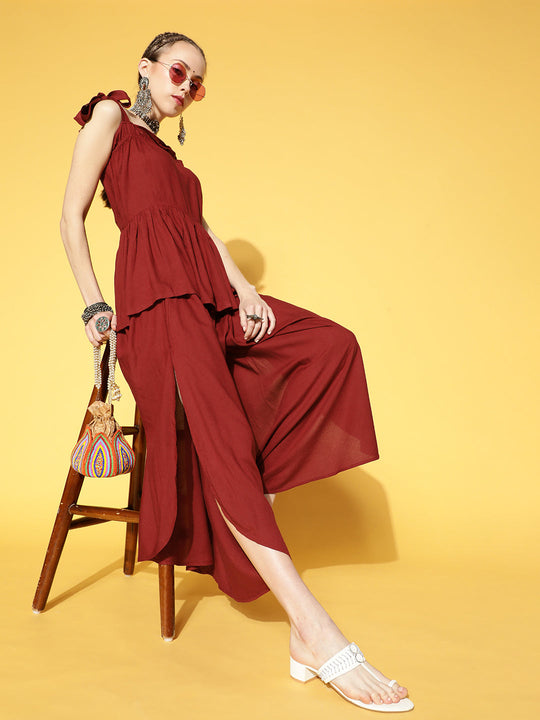 Maroon Solid Wfh Coord Set