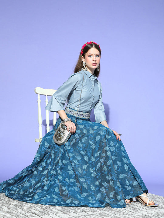 Blue & Grey Chanderi Skirt Fusion Set