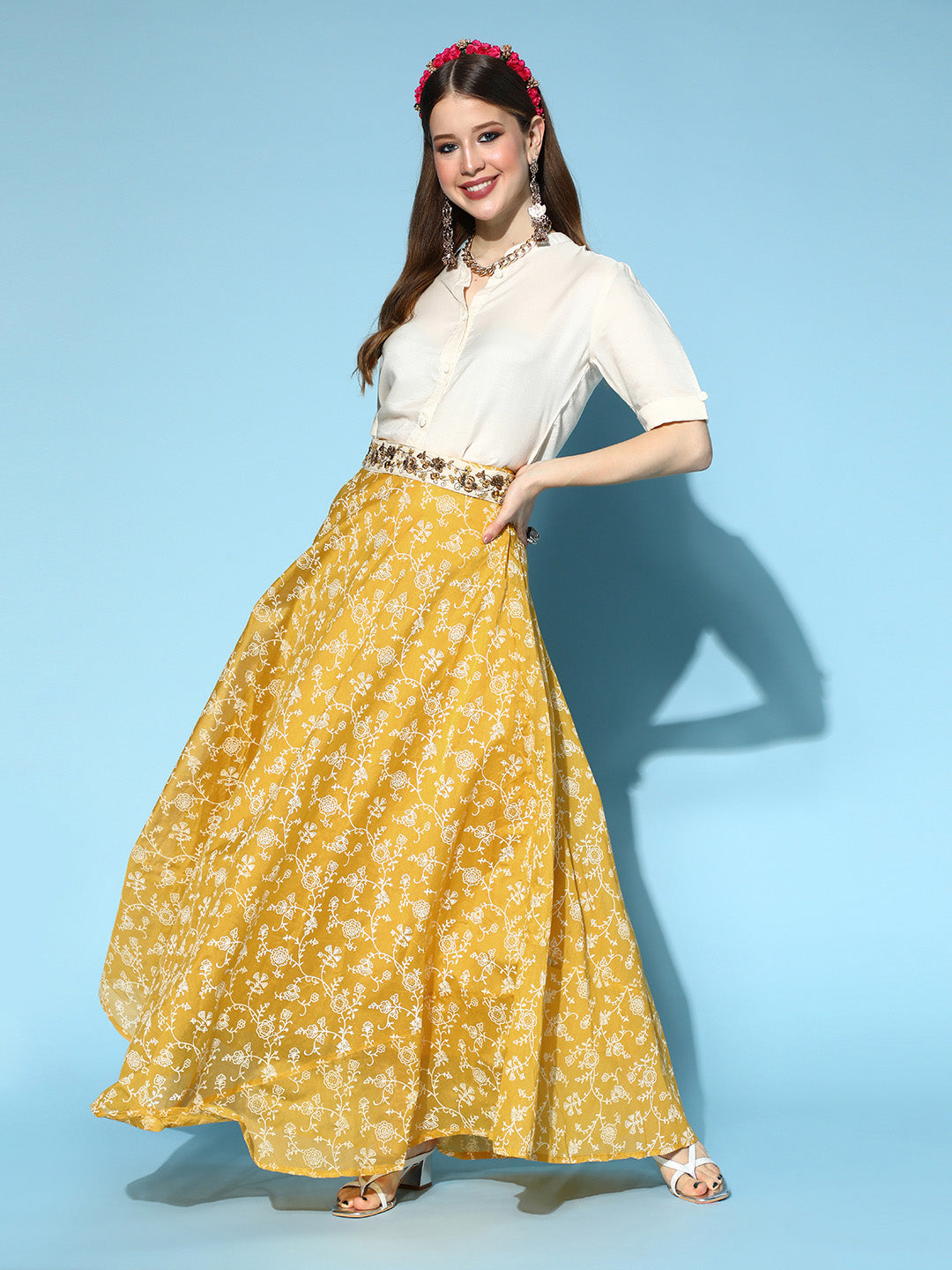 Yellow & White Chanderi Skirt Fusion Set