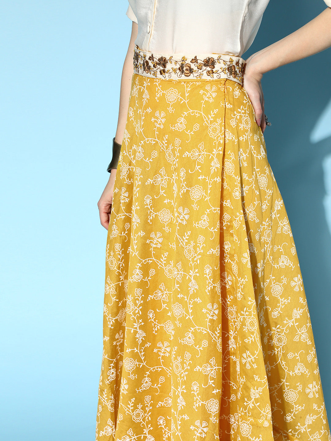 Yellow & White Chanderi Skirt Fusion Set
