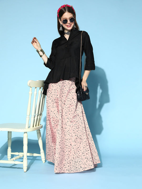 Pink & Black Chanderi Skirt Fusion Set