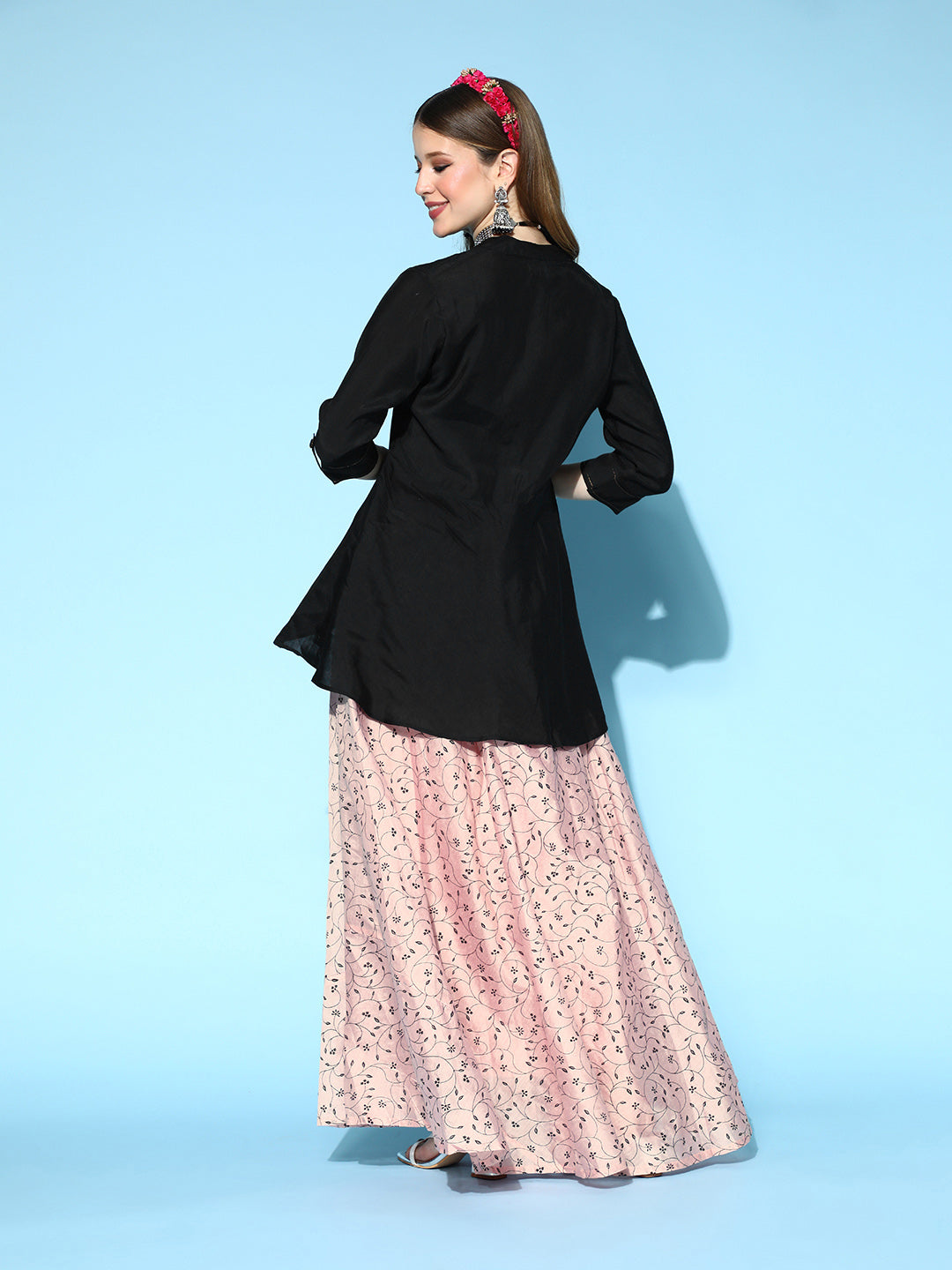 Pink & Black Chanderi Skirt Fusion Set
