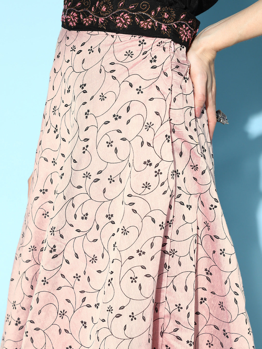 Pink & Black Chanderi Skirt Fusion Set
