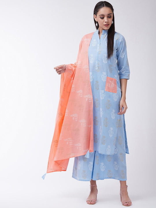 Madhubani print Blue With Patch Pocket Palazo Set