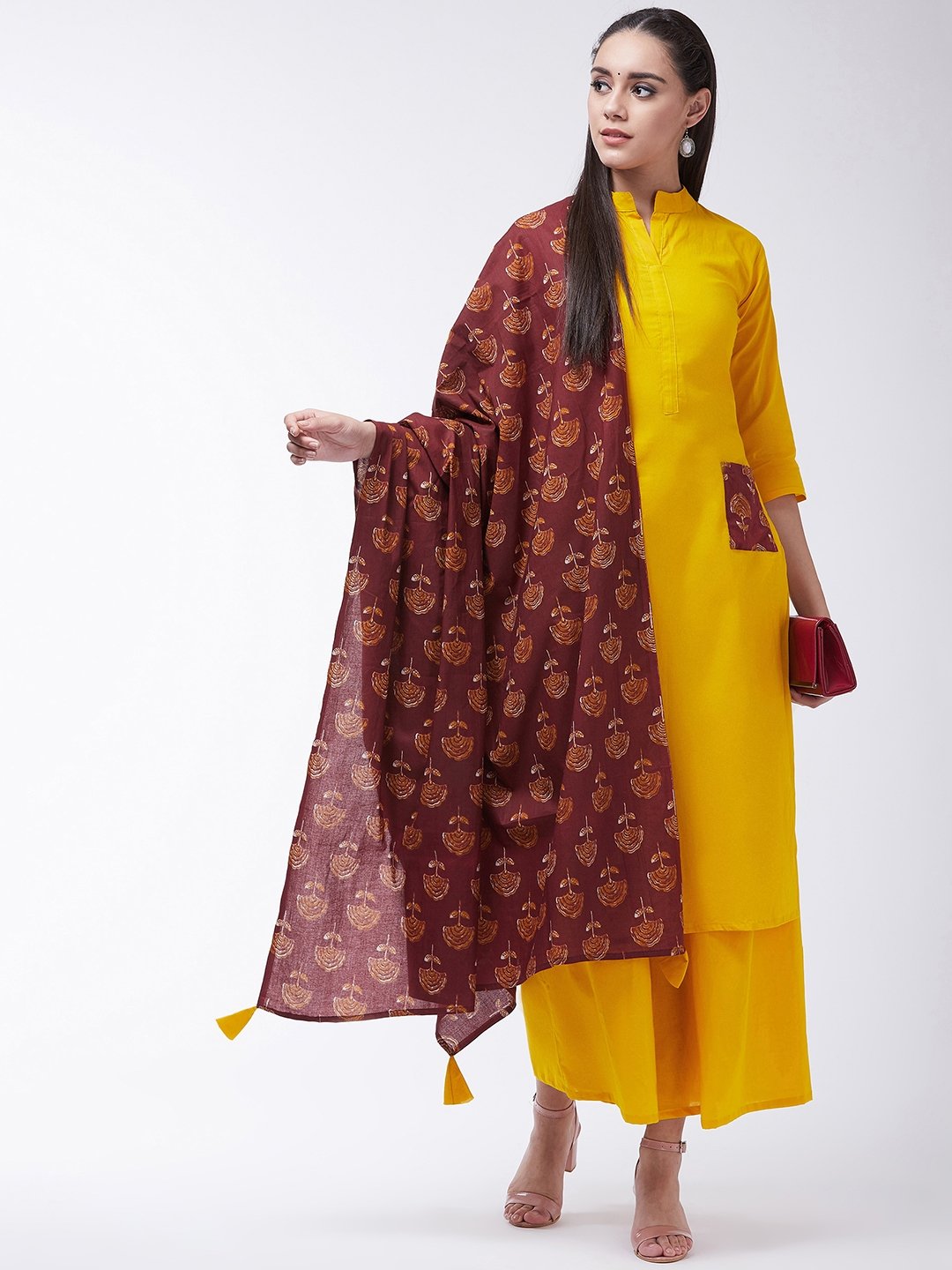 Mustard Maroon Kurta With Patch Pocket Palazo Set