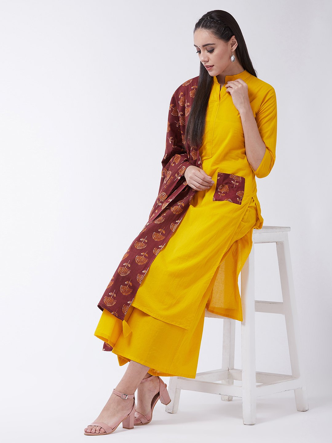 Mustard Maroon Kurta With Patch Pocket Palazo Set
