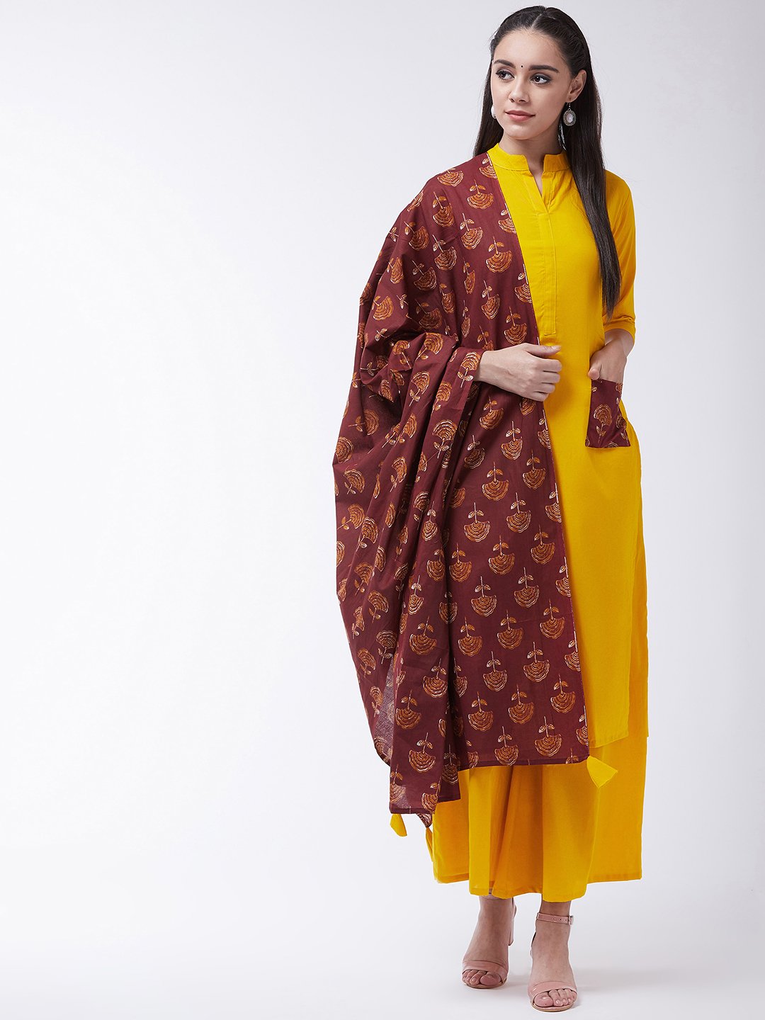 Mustard Maroon Kurta With Patch Pocket Palazo Set