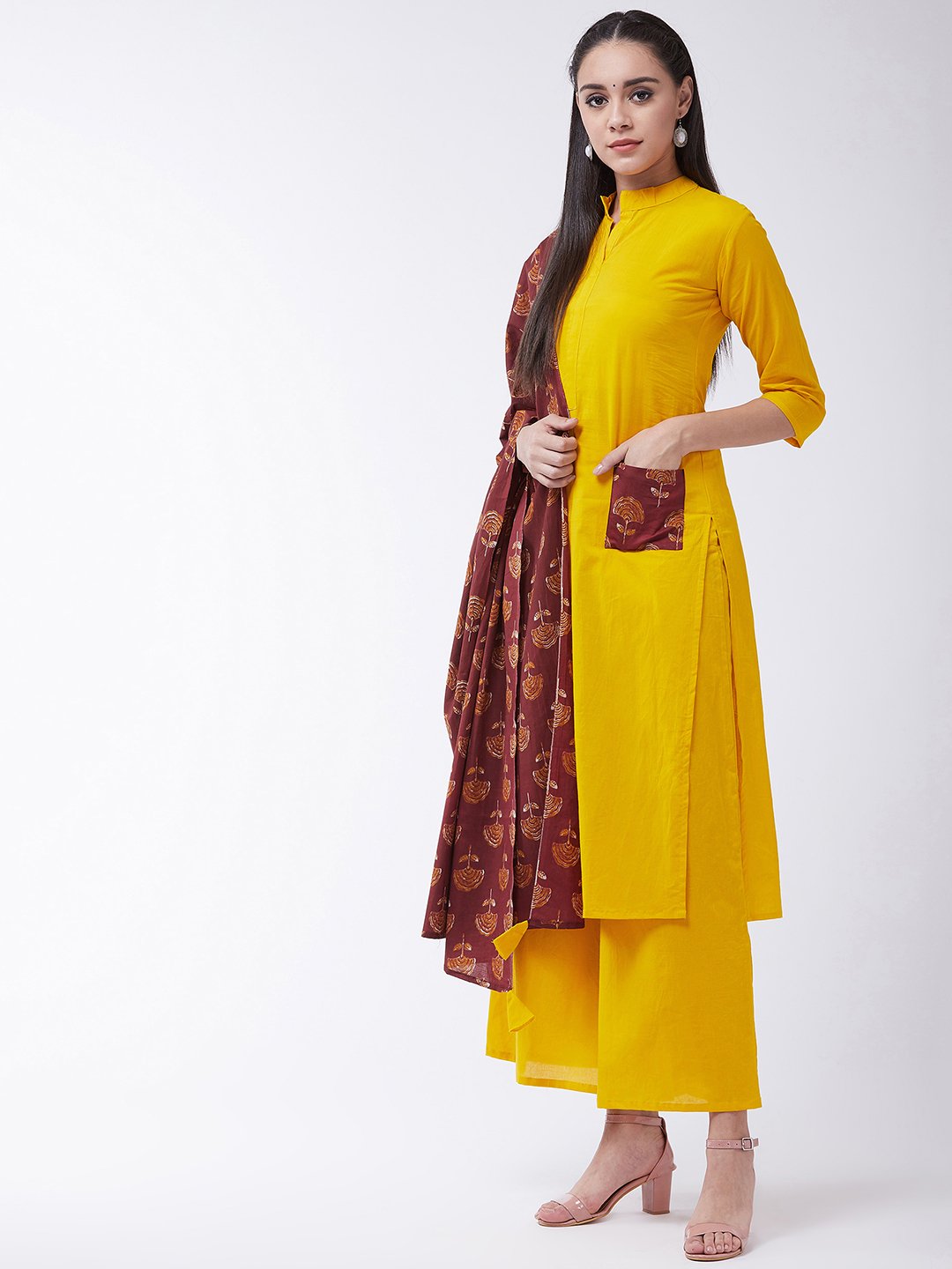 Mustard Maroon Kurta With Patch Pocket Palazo Set