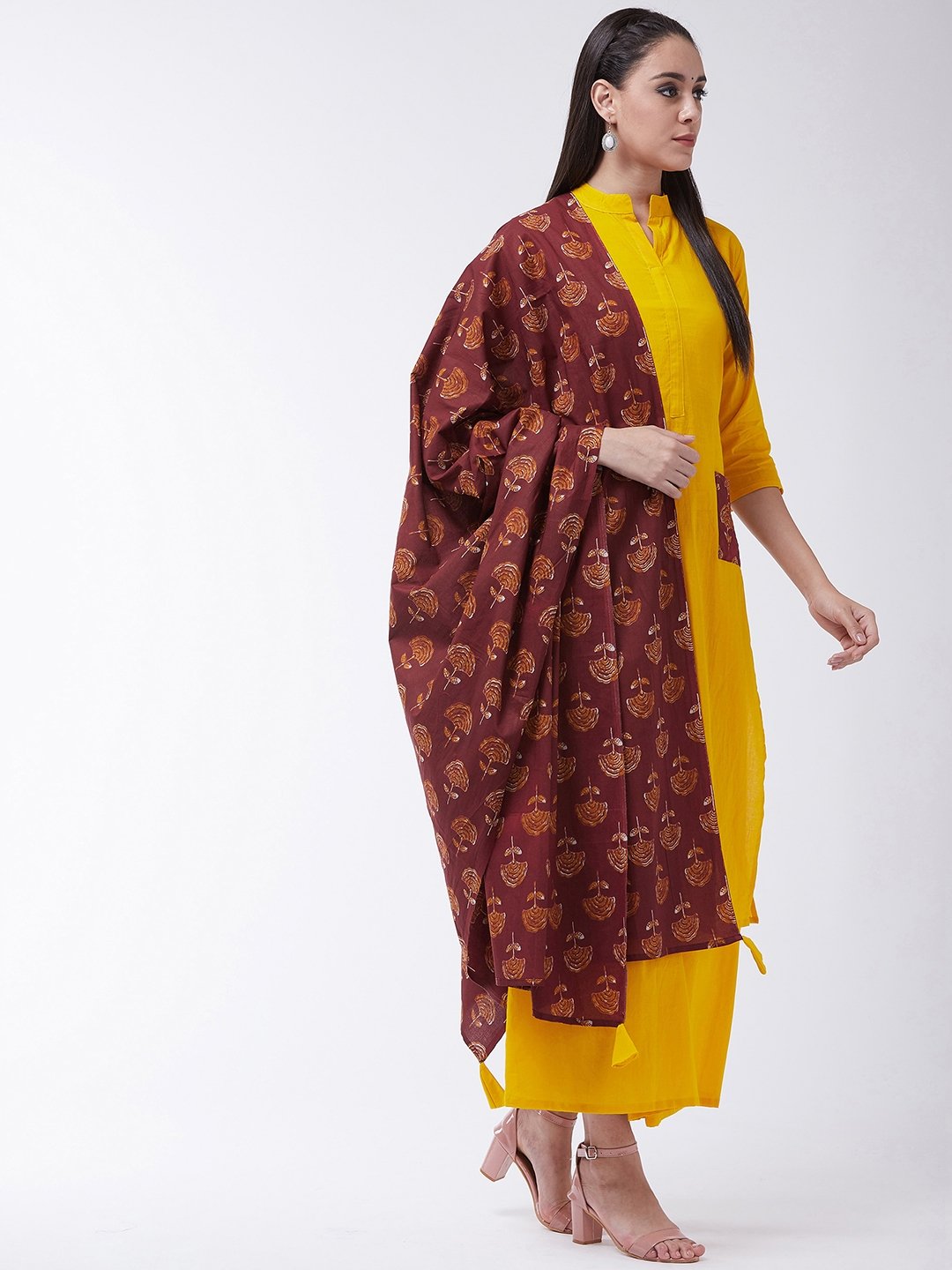Mustard Maroon Kurta With Patch Pocket Palazo Set