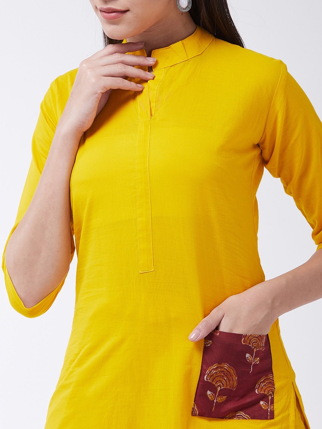 Mustard Maroon Kurta With Patch Pocket Palazo Set