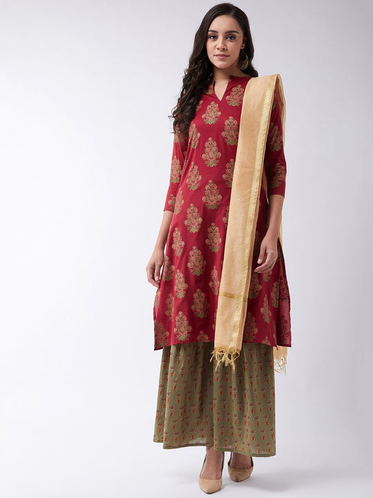 Maroon Gold Boota Kurta Set