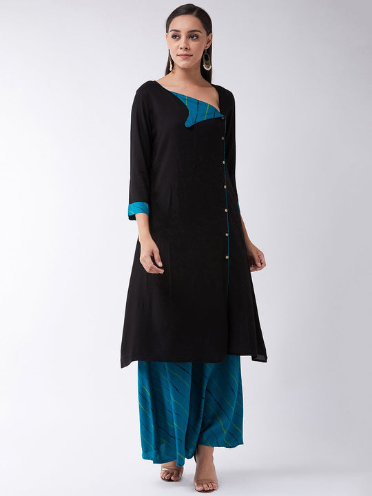Black Kurta, Green Collar Set