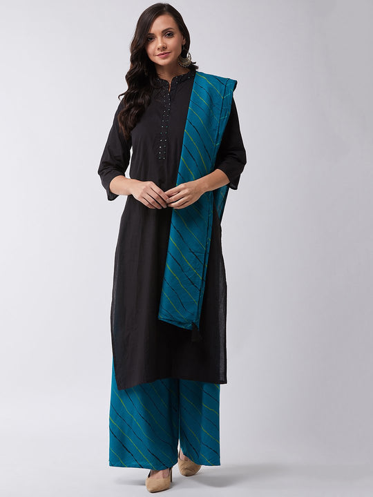 Black Kurta Set With Blue Sequins With Dupatta