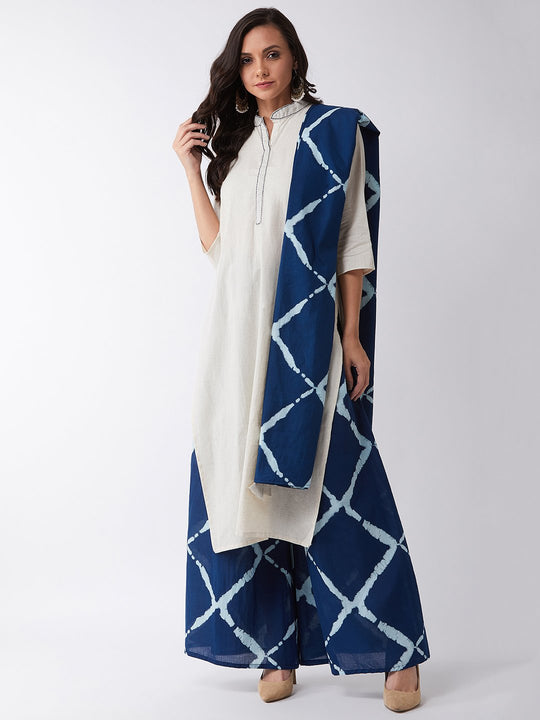 Off White Kurta Set With Blue Kantha With Dupatta