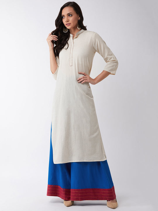 Off White Kurta Set With Maroon Kantha Work