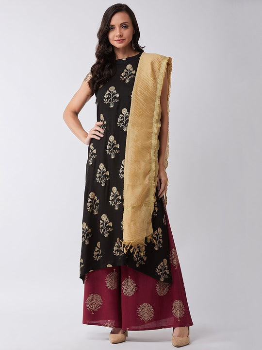 Black Gold Work Halter Kurta Set With Dupatta