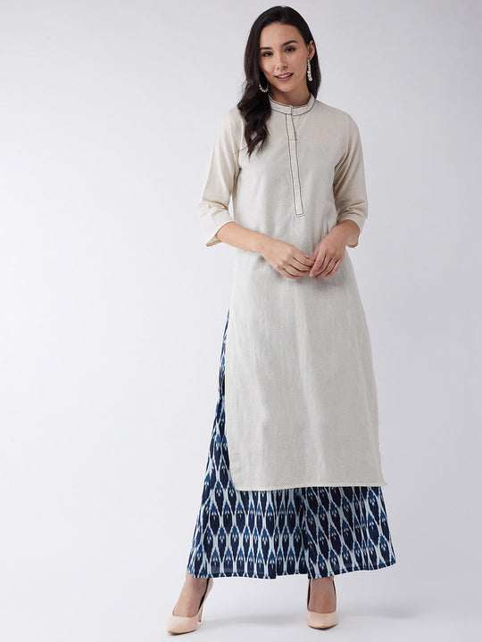 Off White Blue Kantha Kurta Set