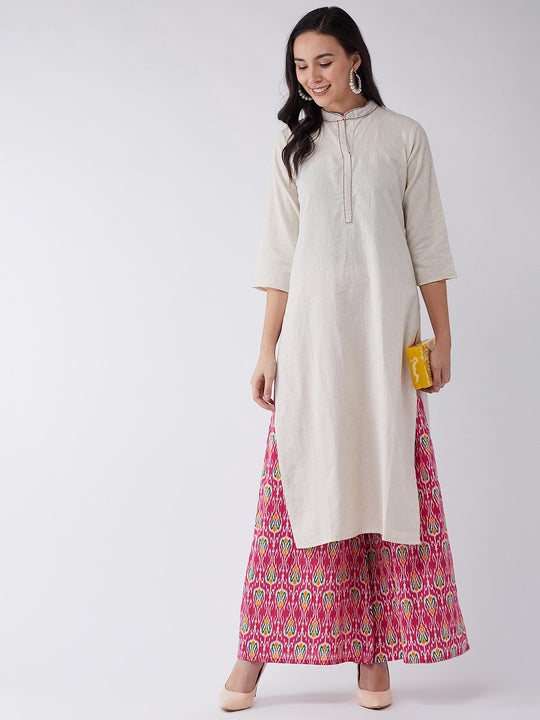 Off White Maroon Kantha Kurta Set