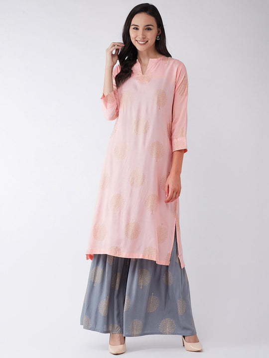 Peach Kurta Set With Gold Motifs