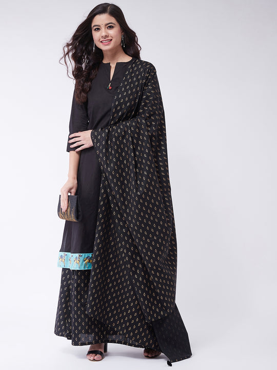 Black Kurta with Gold Leaf Skirt Set