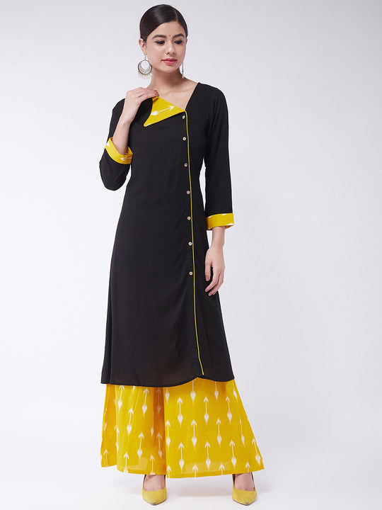 Black Collared Kurta Set With Mustard Palazzo