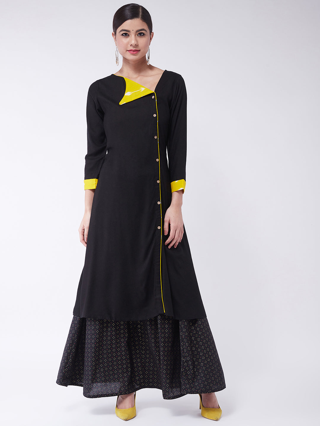 Black Kurta with Black Gold Pin Dot Skirt Set