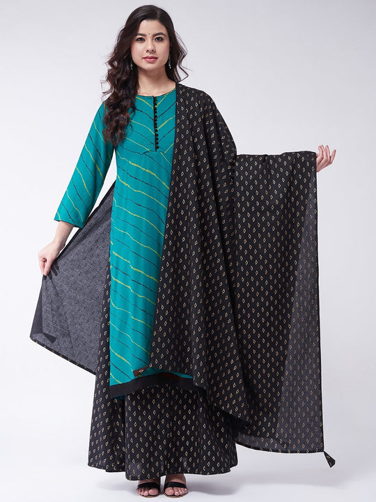 Green Lehriya Skirt Set With Dupatta